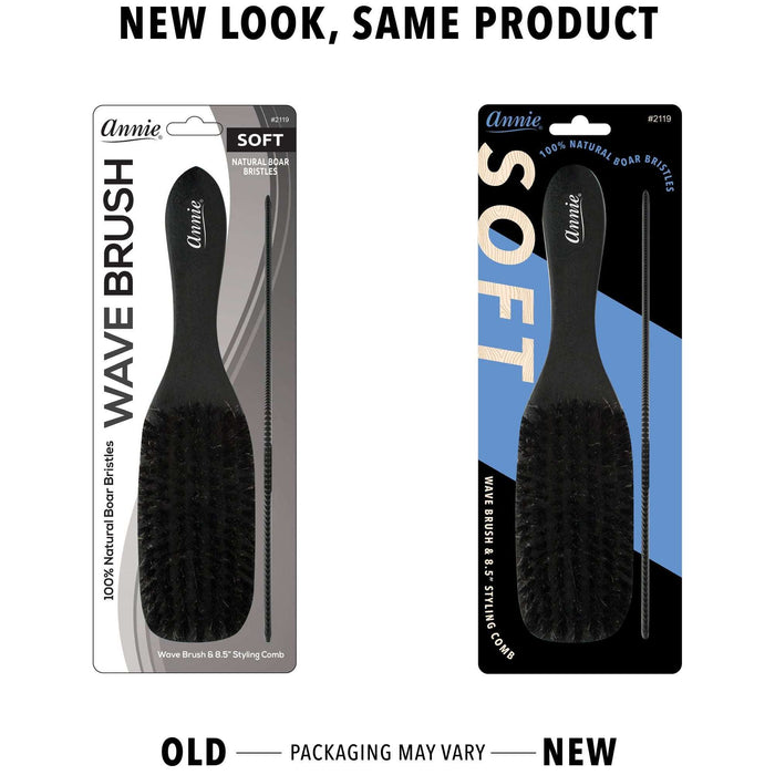 Annie Soft Wooden Wave Brush & Comb Set, 100% Boar Bristle, Black