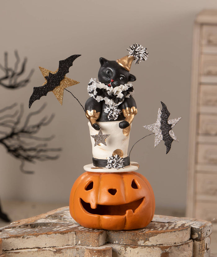 Bethany Lowe Top Hat Jack with Cat vintage-inspired Halloween figure with pumpkin base, tall black hat, black cat, and glittered stars