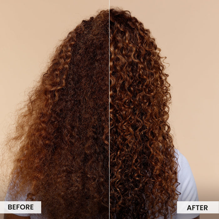 Before and after comparison of curly hair on a beige background