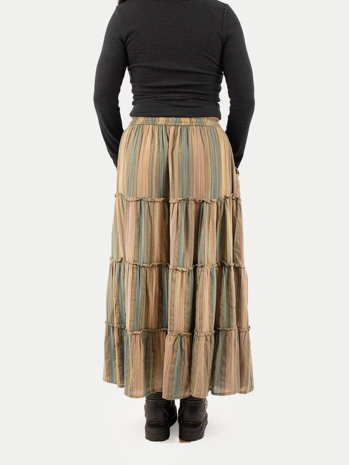 Cotton Stripe Tiered Maxi Skirt | Moss Green Stripe-Image 3
