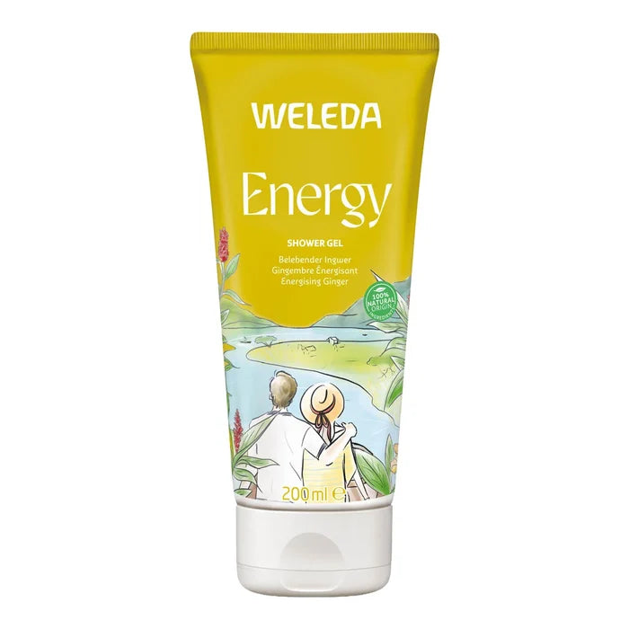 Weleda Energy shower gel tube on a white background