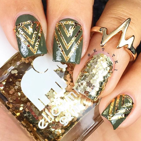 G-Old Money gold glitter nail polish with green and gold geometric nail art