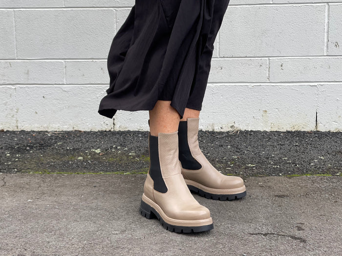 Good quality European boots made in Italy. Soft leather, Chelsea women's boot with elasticated gusset. Pull on boot. Chunky soled boots.