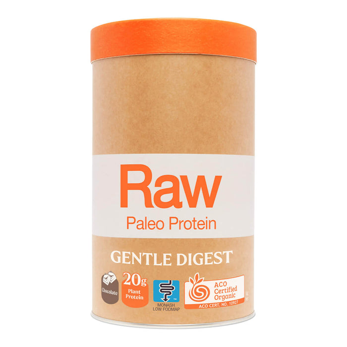 Tub of chocolate flavoured paleo-friendly and vegan protein powder.