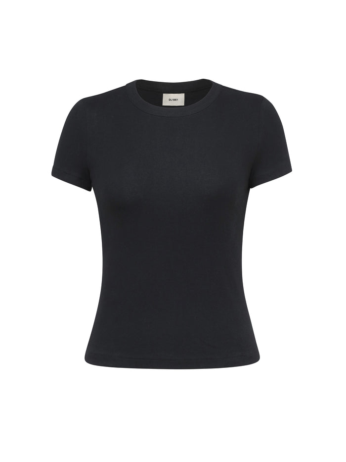 Shrunken Tee in Black, ghost-mannequin product shot on white, front view.