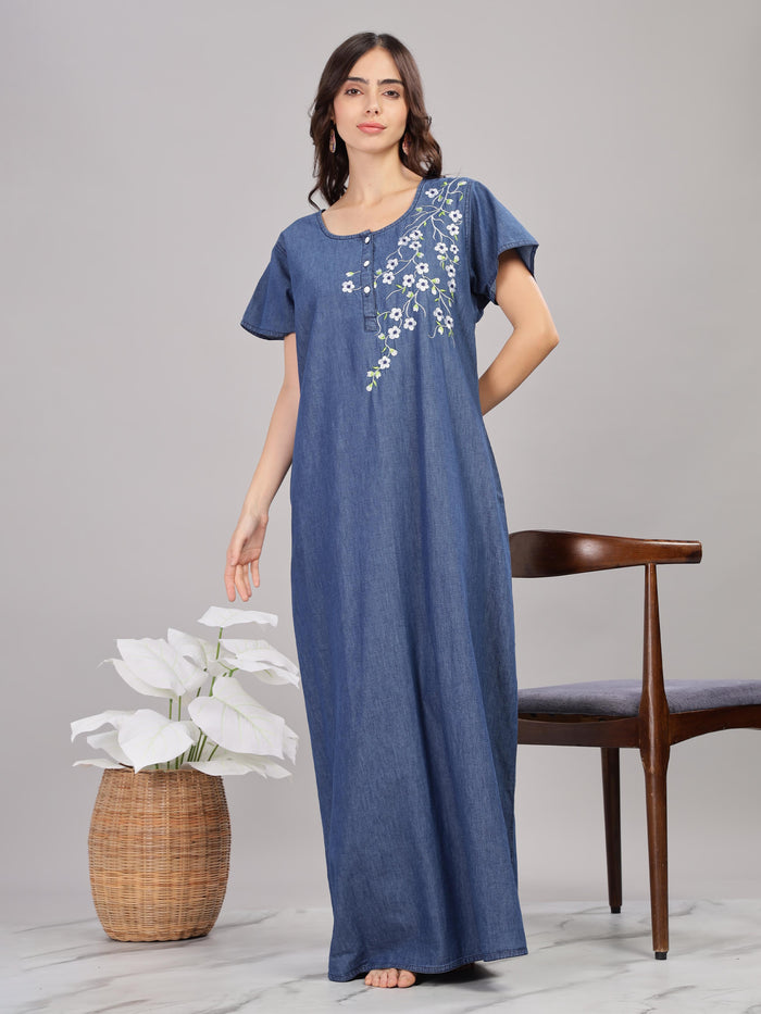 Denim Blue Cotton Nighty with Floral Embroidery
