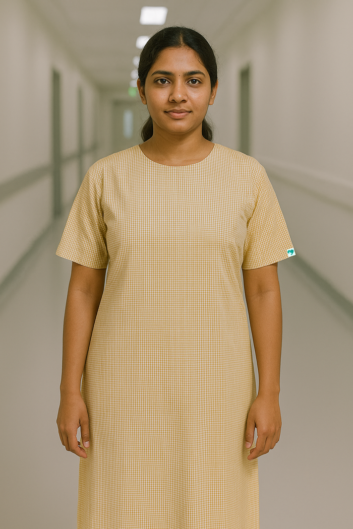 YELLOW CHECK PATIENT DRESS FOR WOMEN