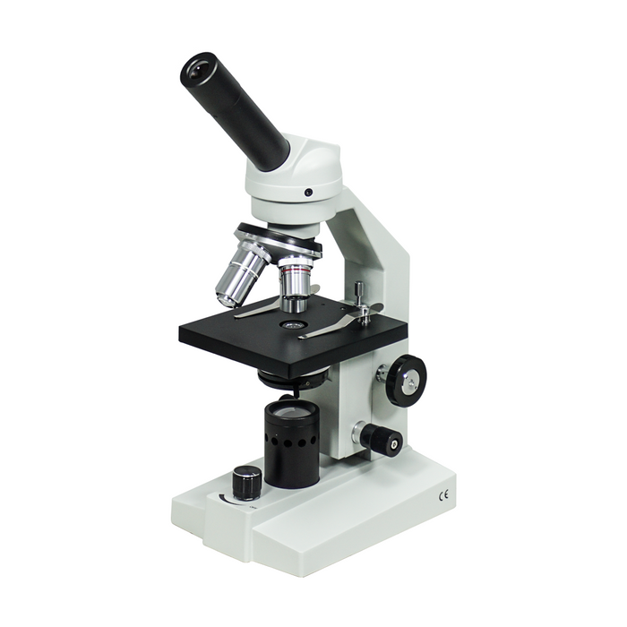 40-1000X LED Coaxial Transmitted Light Monocular Biological Microscope, SKU BM05030121, three quarter front view