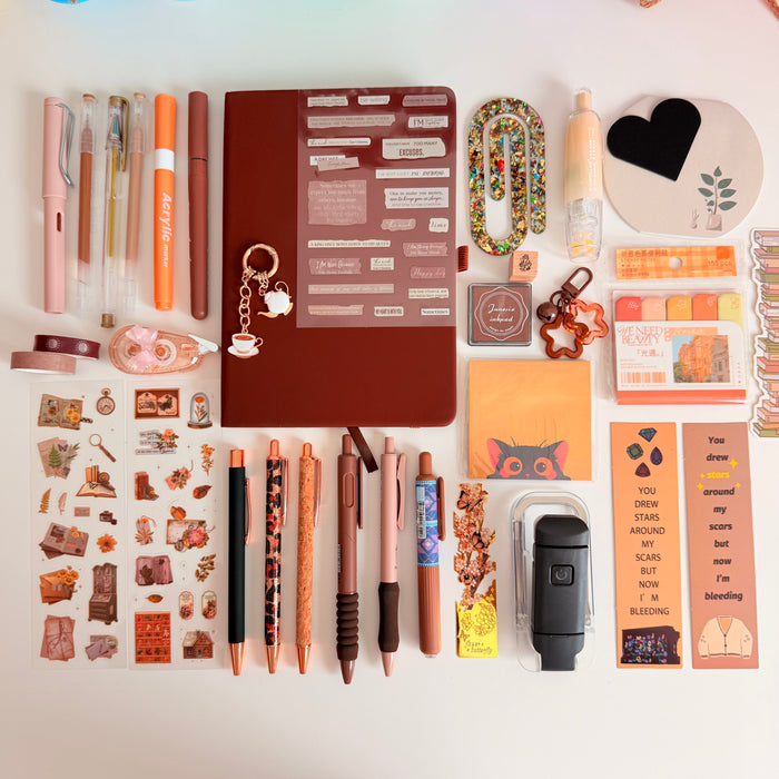 Cozy Brown Stationery Set | Notebook, Pens, Stickers & Accessories