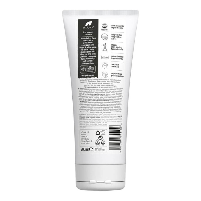 Back of 200ml tube Dr. Organic Activated Charcoal Face Wash, showing description, directions, and ingredients.