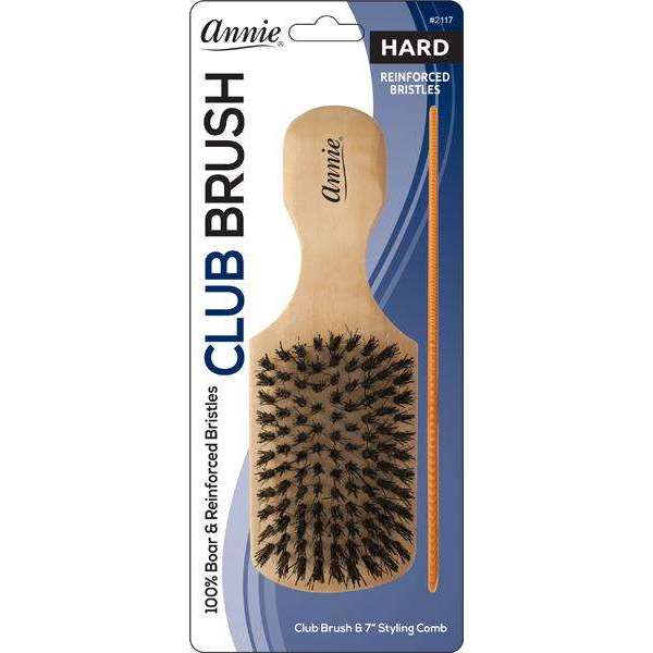Annie Hard Wooden Club Brush & Comb Set, Boar & Nylon Bristle, Light Brown