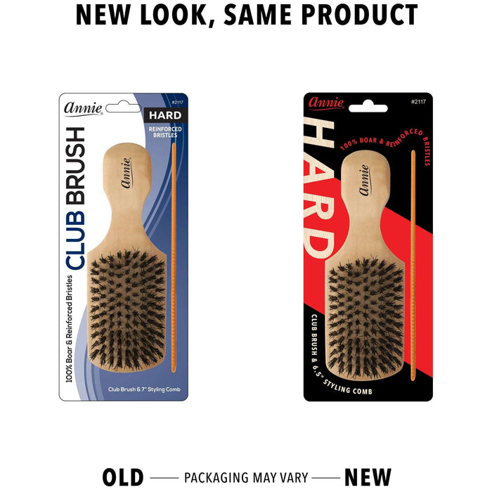 Annie Hard Wooden Club Brush & Comb Set, Boar & Nylon Bristle, Light Brown