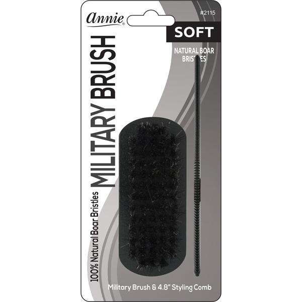 Annie Soft Boar Bristle Mini Wooden Military Brush & Comb Set, 2 Piece, Black