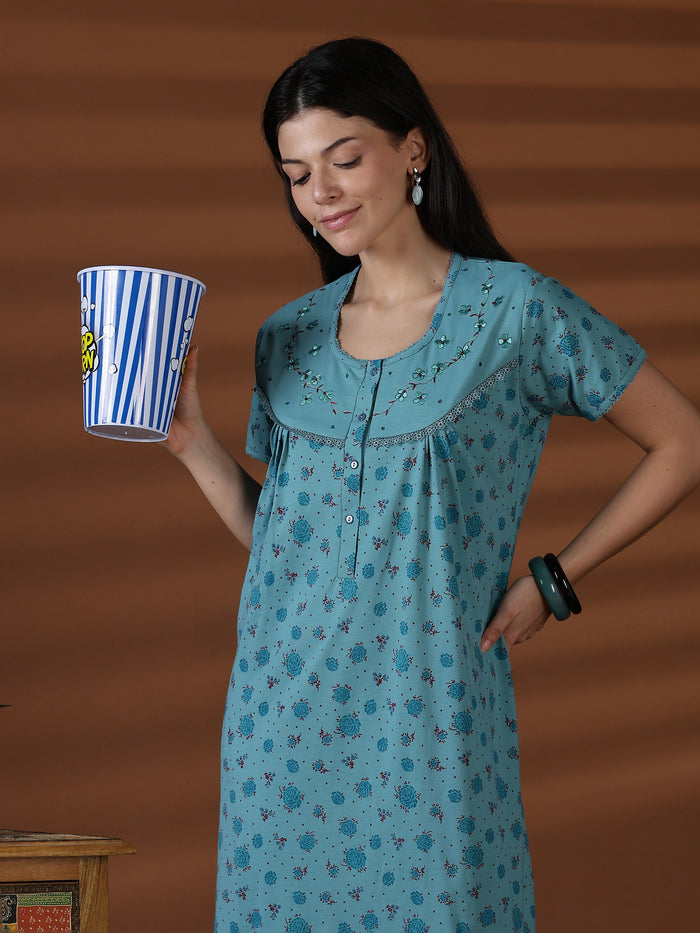 Aqua cotton blend comfortable night dress for women