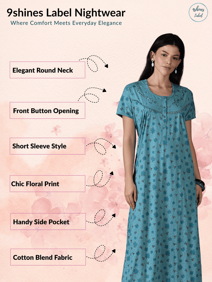 Aqua Floral Cotton Blend Sleepwear for Women Comfortable Fit
