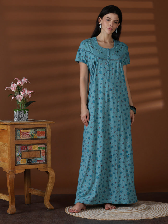 Aqua Floral Cotton Blend Sleepwear for Women Comfortable Fit