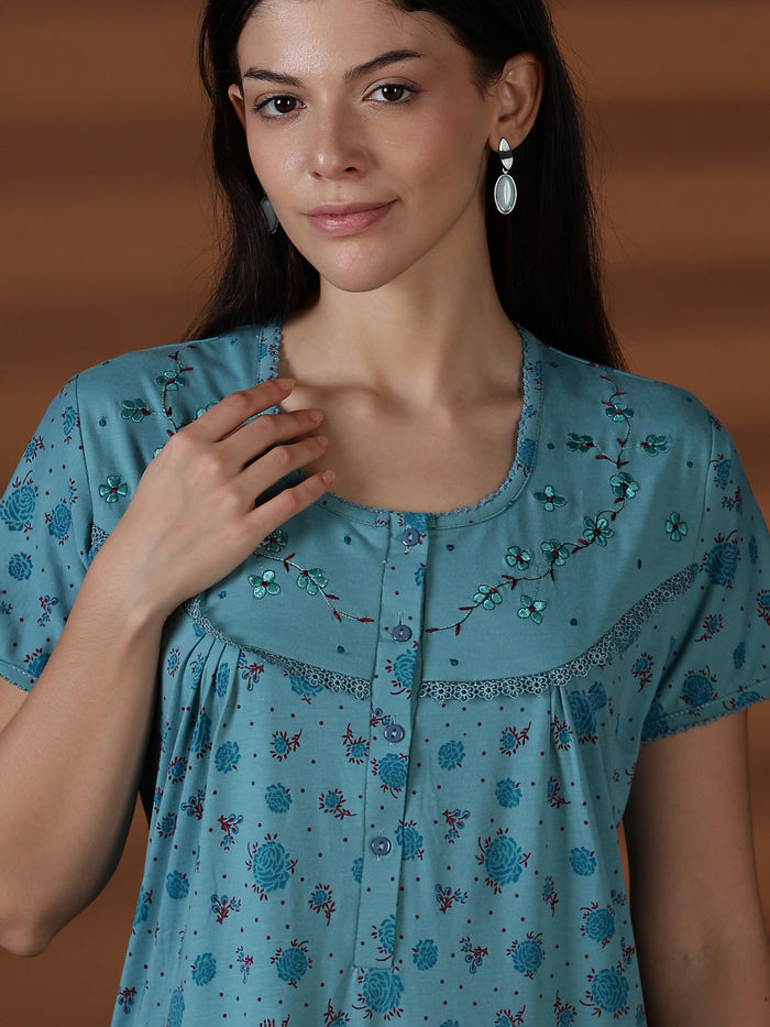 Aqua Floral Cotton Blend Sleepwear for Women Comfortable Fit