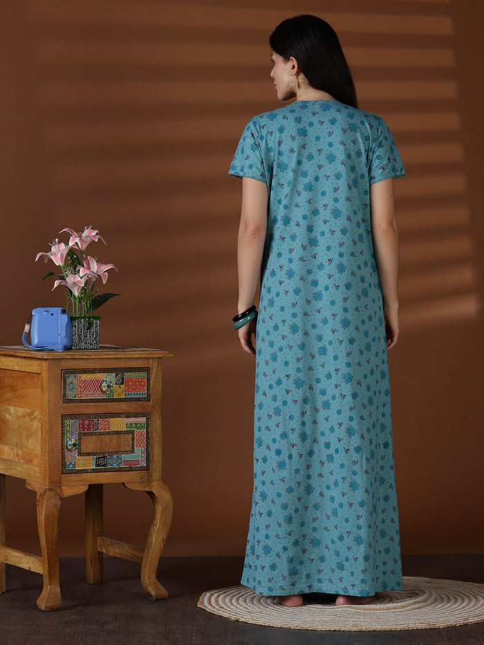 Aqua Floral Cotton Blend Sleepwear for Women Comfortable Fit