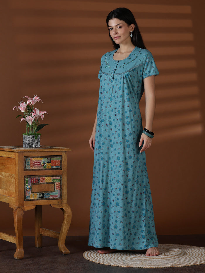 Aqua Floral Cotton Blend Sleepwear for Women Comfortable Fit