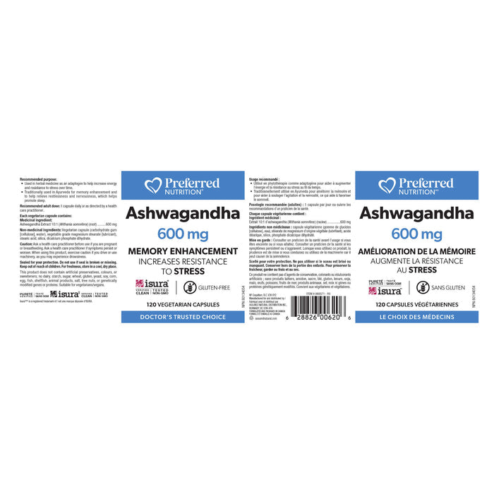 Preferred Nutrition Ashwagandha 600mg Label