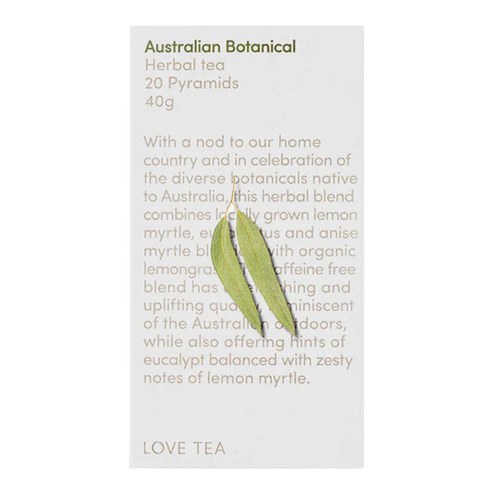 Love Tea Australian Botanical Pyramid Tea Bags box containing 20 tea bags, herbal blend inspired by Australian botanicals.