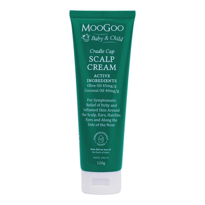 Green tube of MooGoo Baby & Child Cradle Cap Scalp Cream on a white background