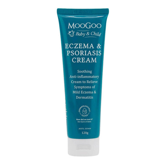 Moogoo Eczema & Psoriasis Cream tube on a white background.