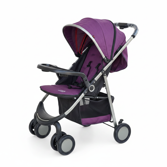 Purple Baby Stroller with canopy and front tray on white background