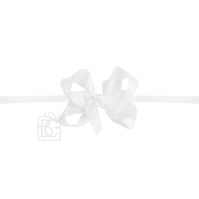 BC White Satin Bow on Elastic Headband 3.5" bow
