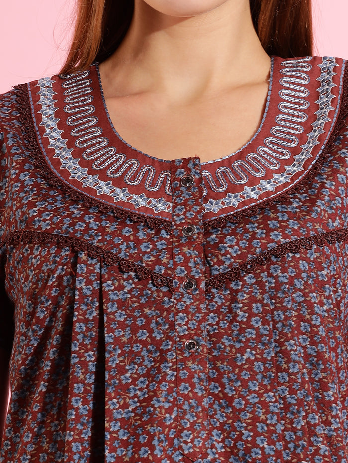 Soft Brown Printed Designer Nighty for Women