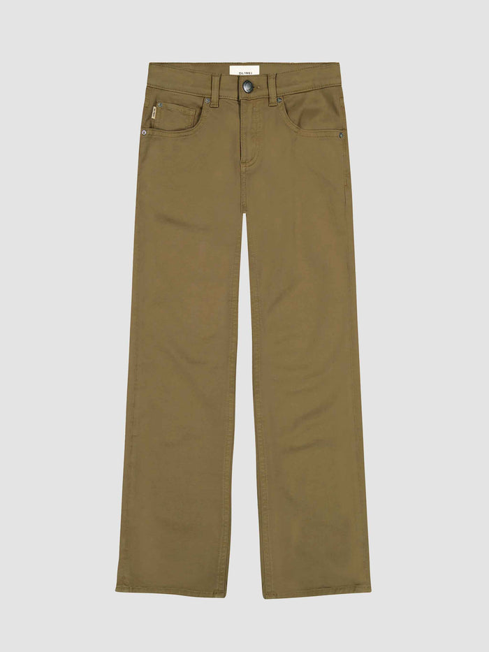 DL1961 boys' Benji Straight pants in olive khaki 'Field', flat front view.