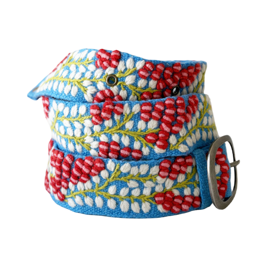 Bright blue embroidered wool belt with dimensional red berries, white leaves, green vines, and a lead-free metal buckle.