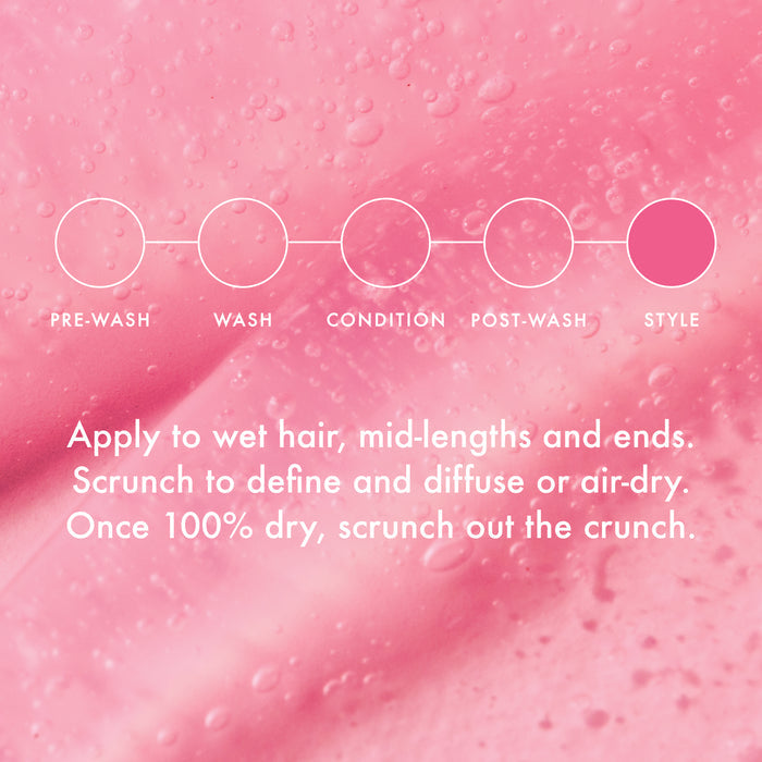 Pink background with hair care product application steps and instructions.
