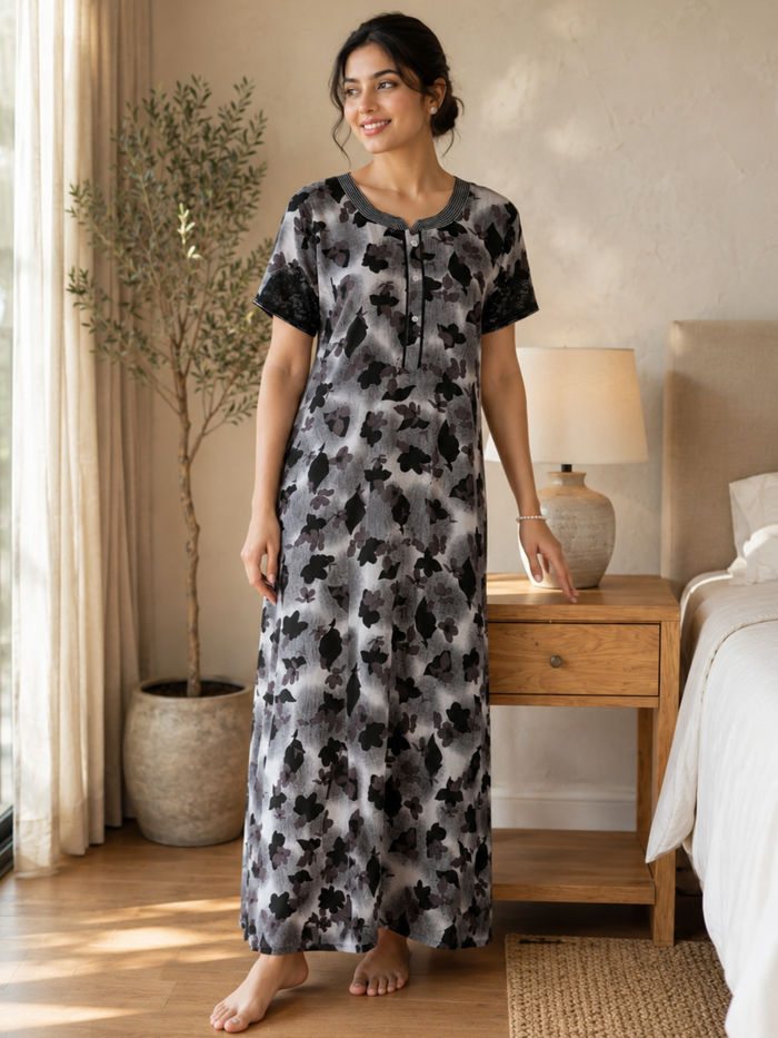 Black Floral Alpine Designer Nighty for Women Relaxed A Line Fit