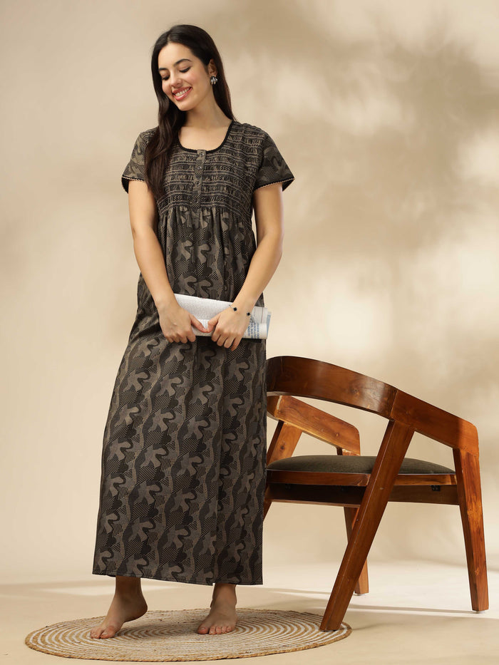Stylish Black Smokey Floral Maxi Nighty for Women