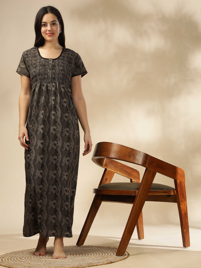 Stylish Black Smokey Floral Maxi Nighty for Women