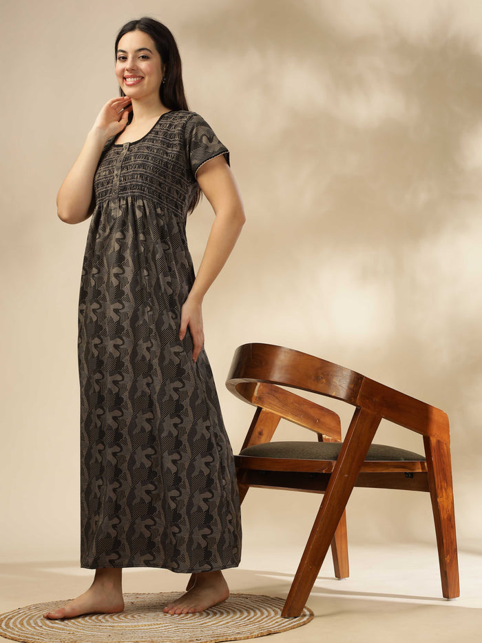 Stylish Black Smokey Floral Maxi Nighty for Women