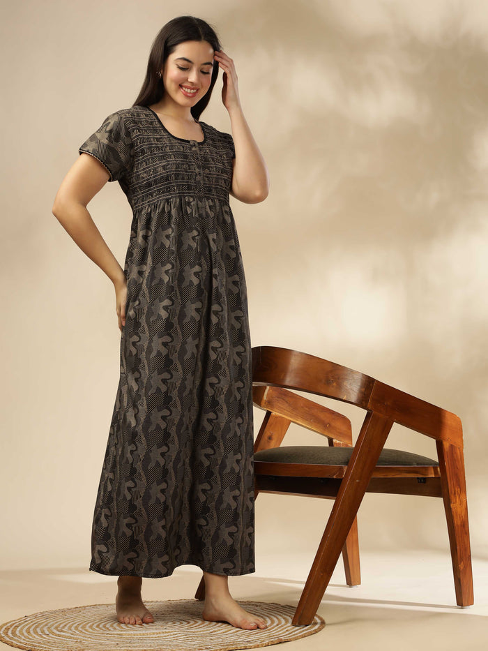 Stylish Black Smokey Floral Maxi Nighty for Women