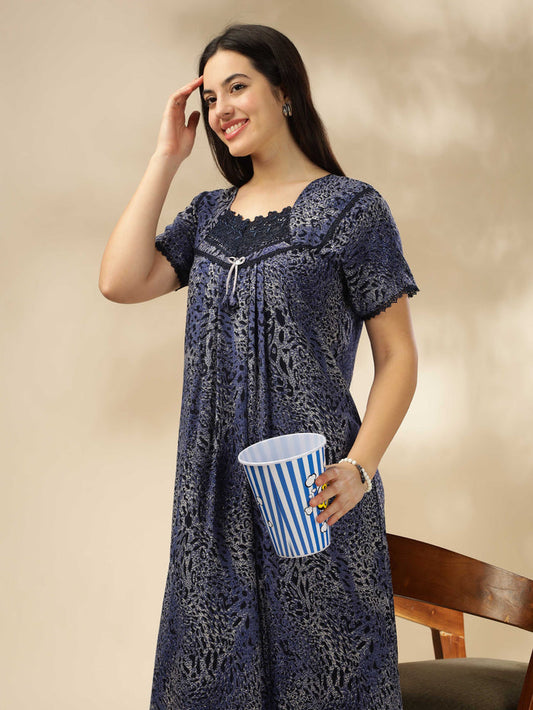 Stylish Blue Alpine Pleated Designer Nighty for Women
