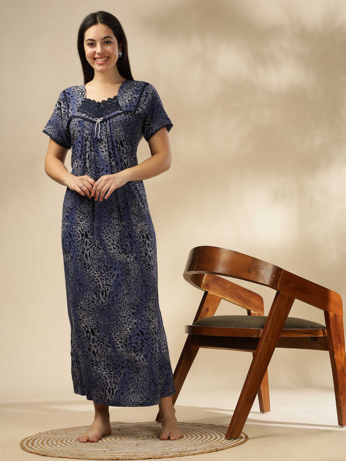 Stylish Blue Alpine Pleated Designer Nighty for Women
