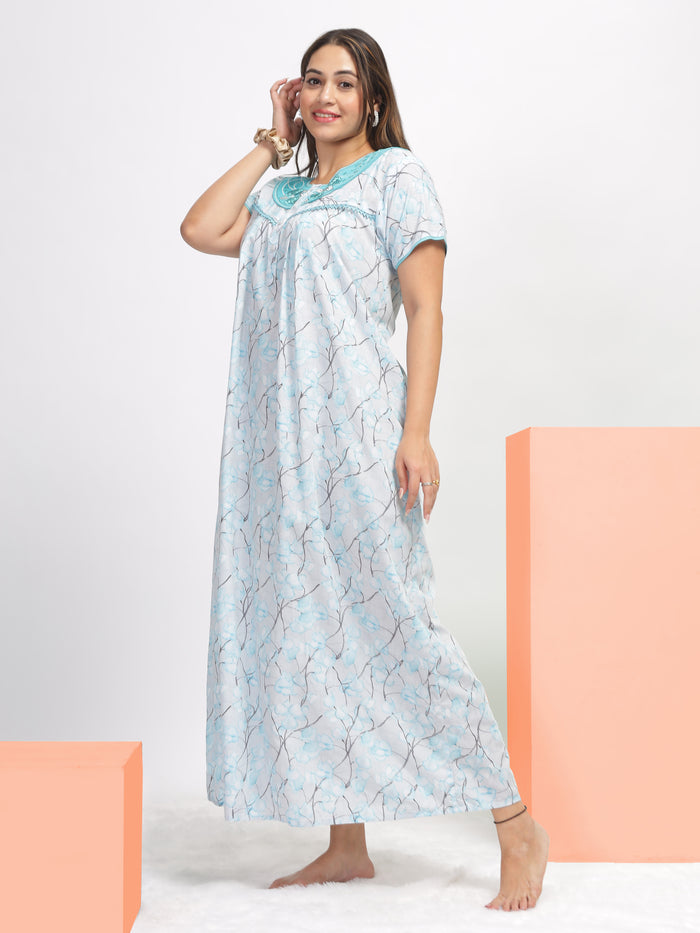 Elegant Blue Embroidered Designer Nighty For Women