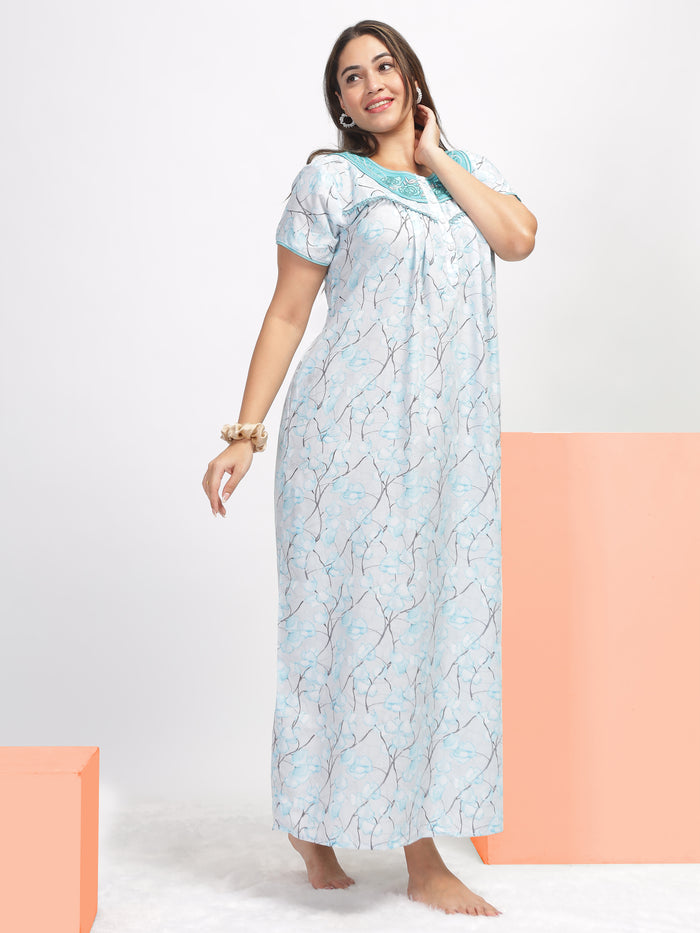 Elegant Blue Embroidered Designer Nighty For Women