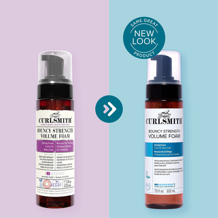 Two bottles of Curlsmith Bouncy Strength Volume Foam with a purple and blue gradient background.