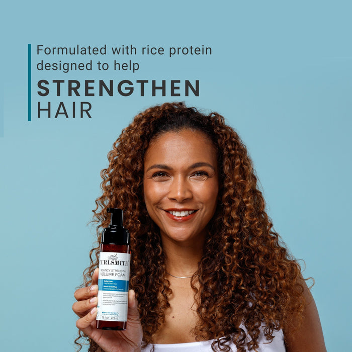 Woman holding a hair care product with text about rice protein and hair strength on a blue background