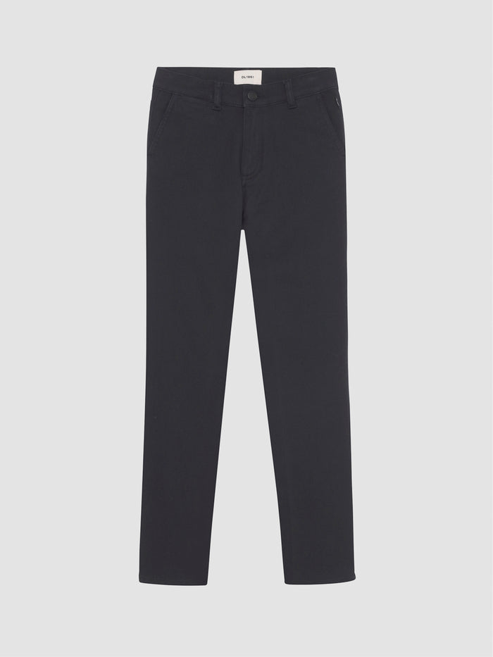 DL1961 boys' Brady Slim chino pants in black 'Black Onyx', flat front view.