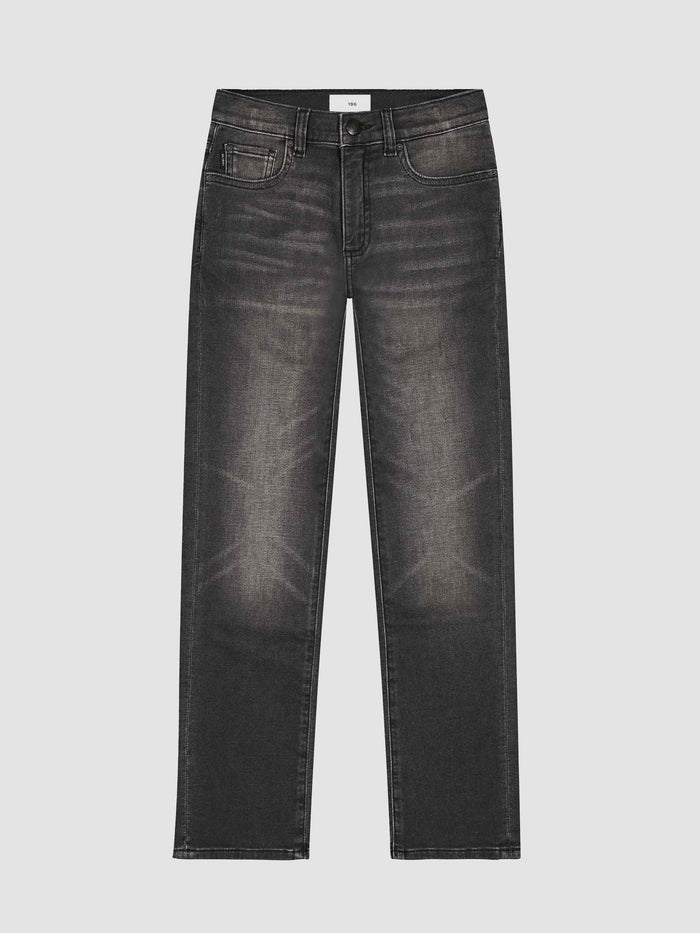 DL1961 boys' Brady Slim jeans in faded black 'Washed Black Knit', flat front view.