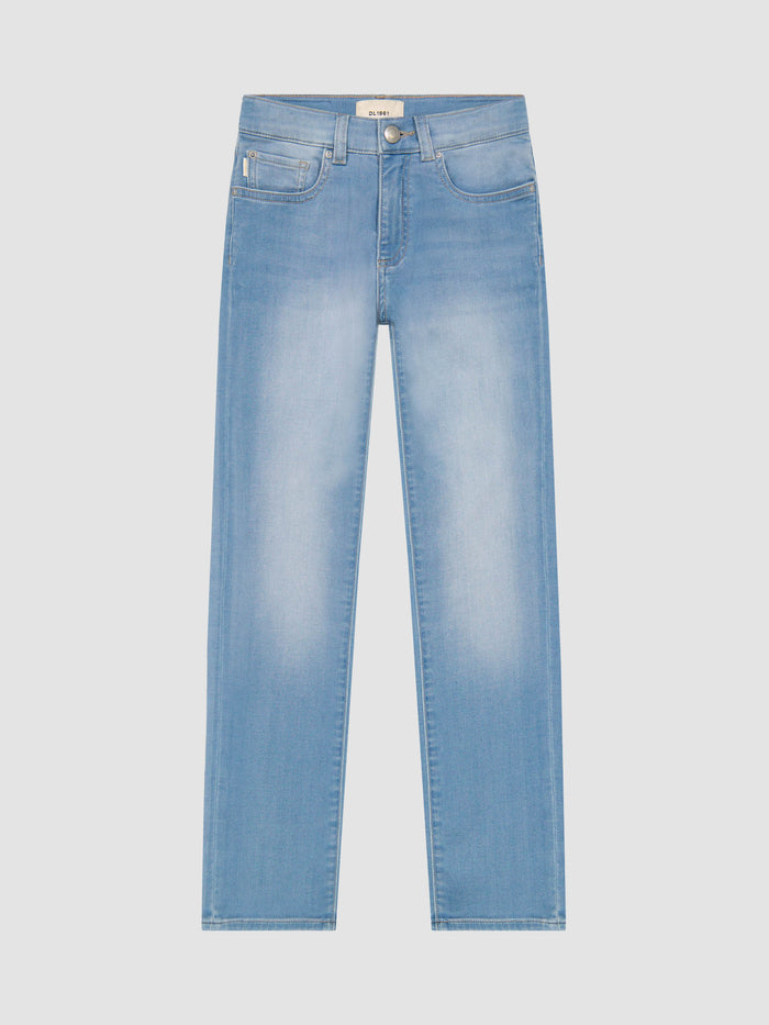 DL1961 boys' Brady Slim jeans in light blue knit denim 'Ramer', flat front view.