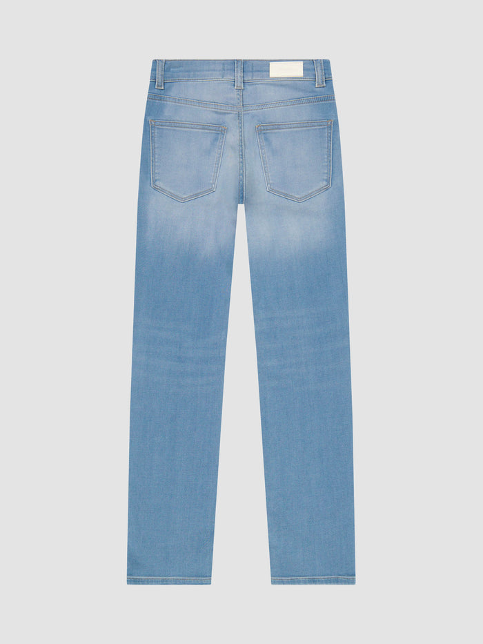 DL1961 boys' Brady Slim jeans in light blue knit denim 'Ramer', flat back view.