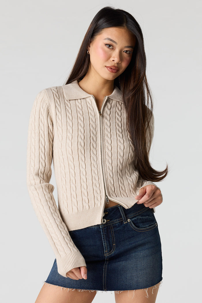 Cable Knit 2-Way Zip-Up Sweater
