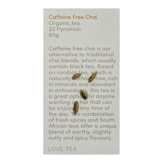 Love Tea Caffeine Free Chai Pyramid Tea Bags box containing 20 tea bags, alternative to traditional blends.